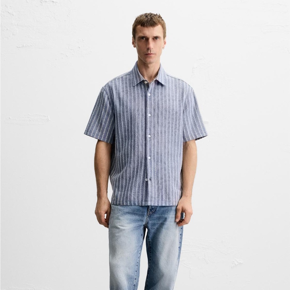 Zara Men’s Striped Jacquard Shirt Size Large Cotton Blend Blue